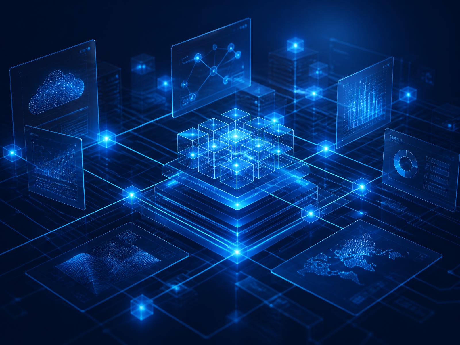 Abstract visualization of a digital network architecture with glowing blue nodes and data panels